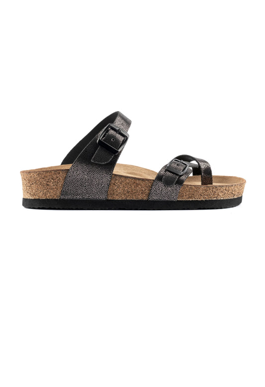 Adriana- Natural Cork- Printed Leather- Silvery Black