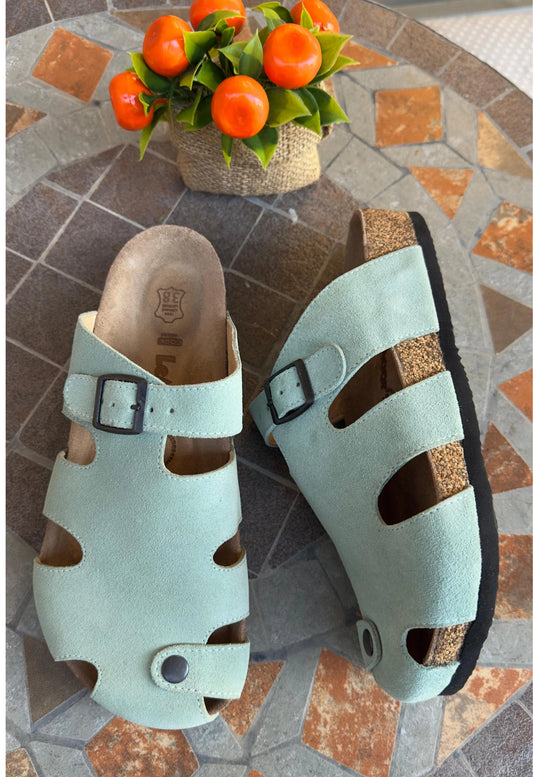 Marta- Natural Cork- Suede Leather- Mint
