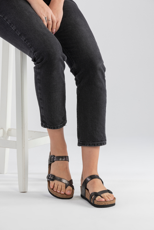 Adriana- Natural Cork- Printed Leather- Silvery Black