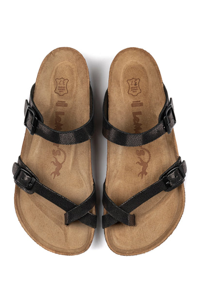 Adriana- Natural Cork- Printed Leather- Silvery Black