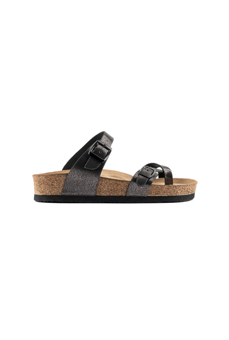 Adriana- Natural Cork- Printed Leather- Silvery Black