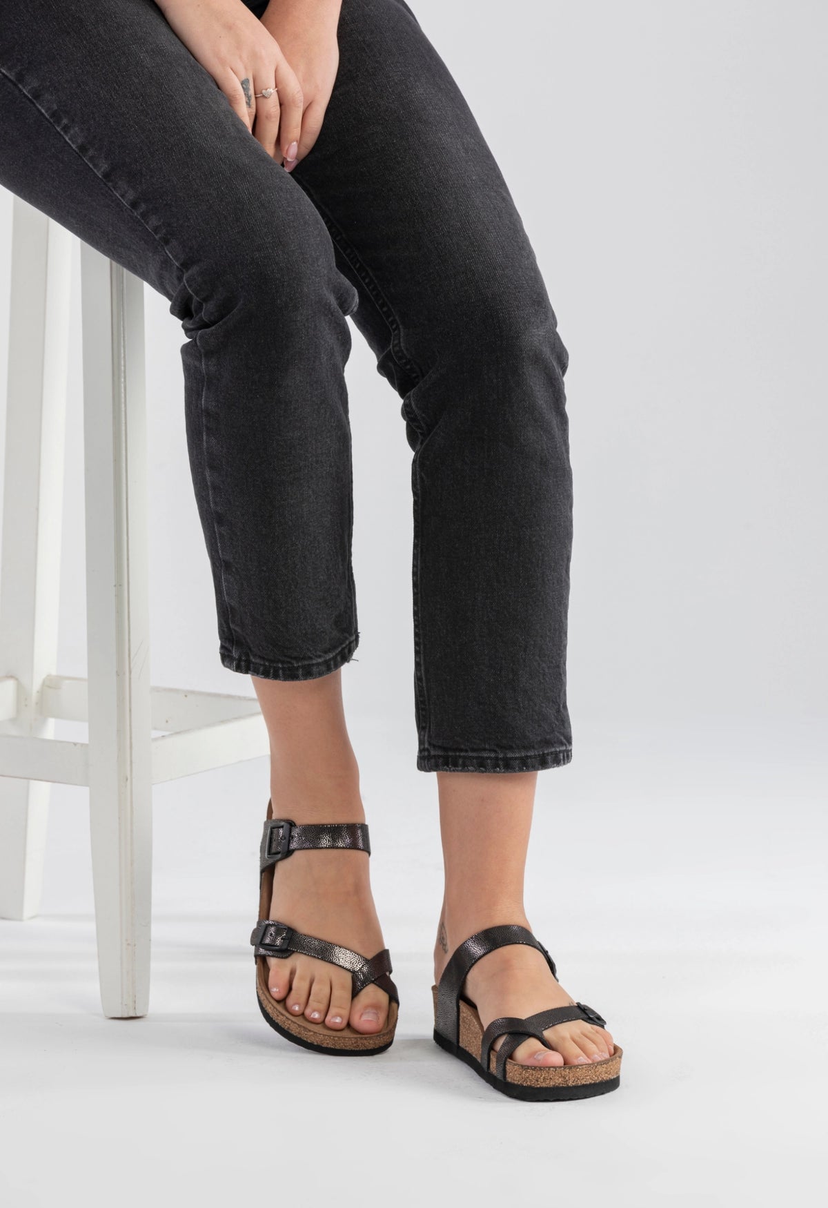 Adriana- Natural Cork- Printed Leather- Silvery Black