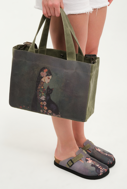 Justine- Natural Cork- Printed Waxed Canvas- Green Black