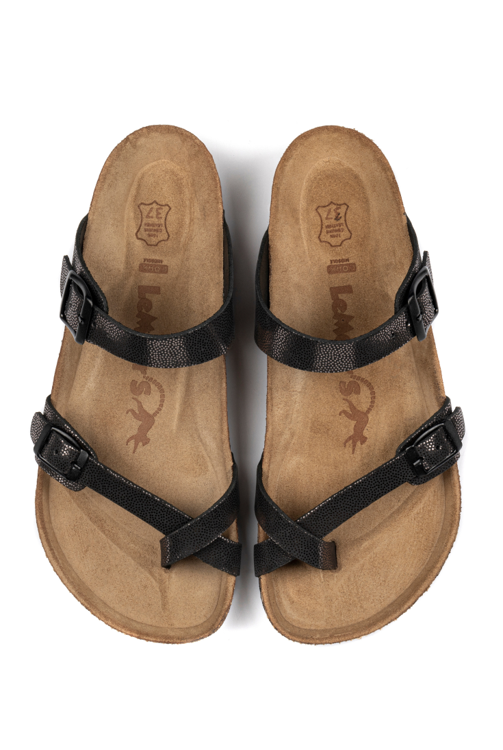 Adriana- Natural Cork- Printed Leather- Silvery Black