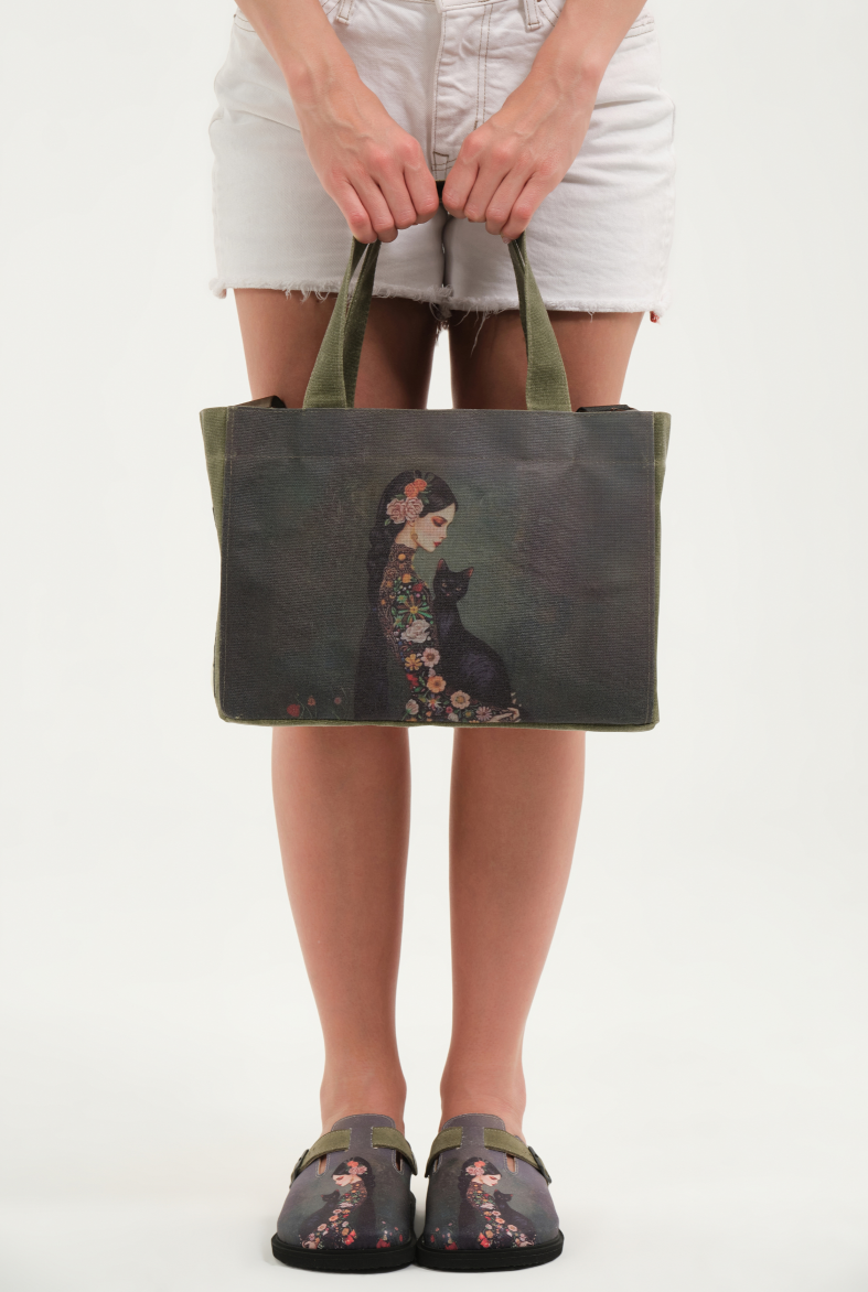 Justine- Natural Cork- Printed Waxed Canvas- Green Black