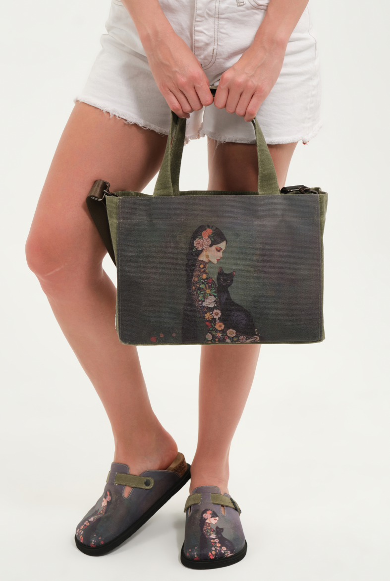 Justine- Natural Cork- Printed Waxed Canvas- Green Black